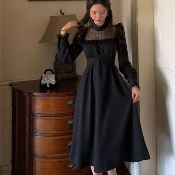 Vintage-style gothic midi dress, black, XS petite - Victorian witchy lolita - Picture 2 of 8